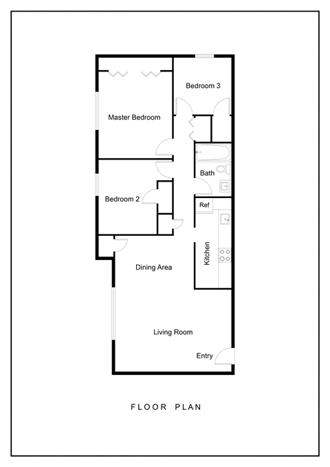Floor plan for 3 beds, 2 baths